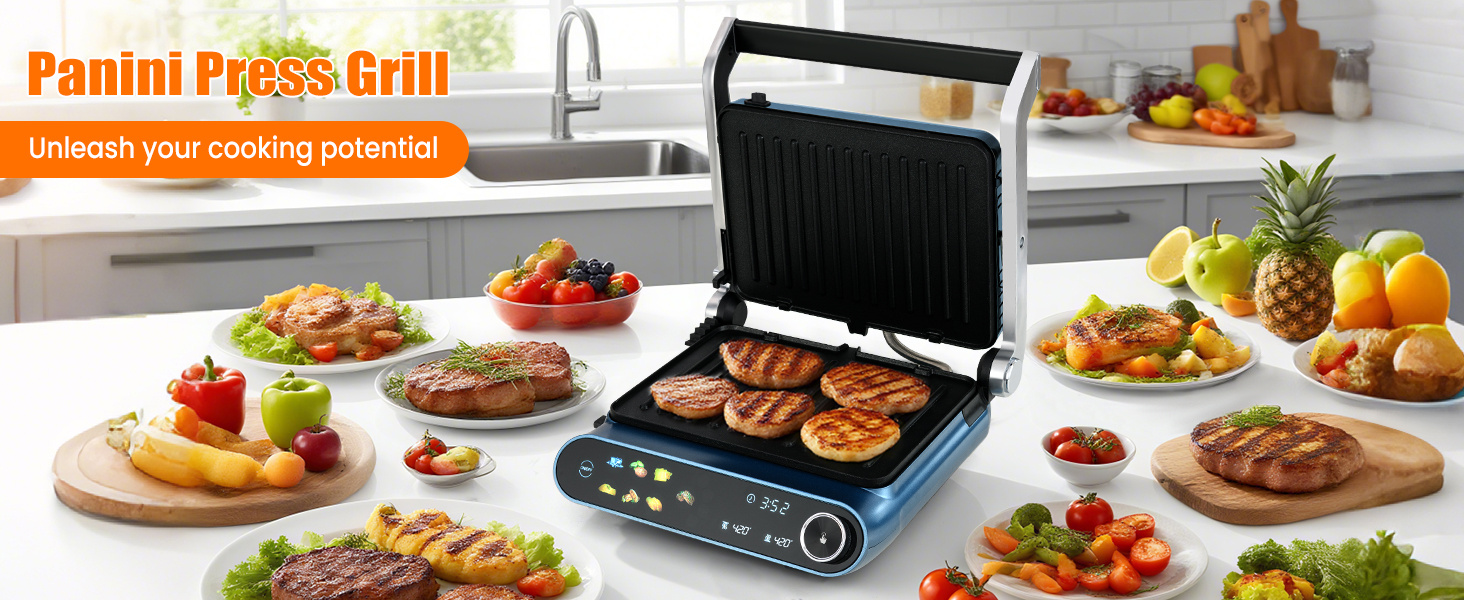 1200W Panini Press Grill with LED display, showcasing grilled meats and vegetables, perfect for versatile cooking.