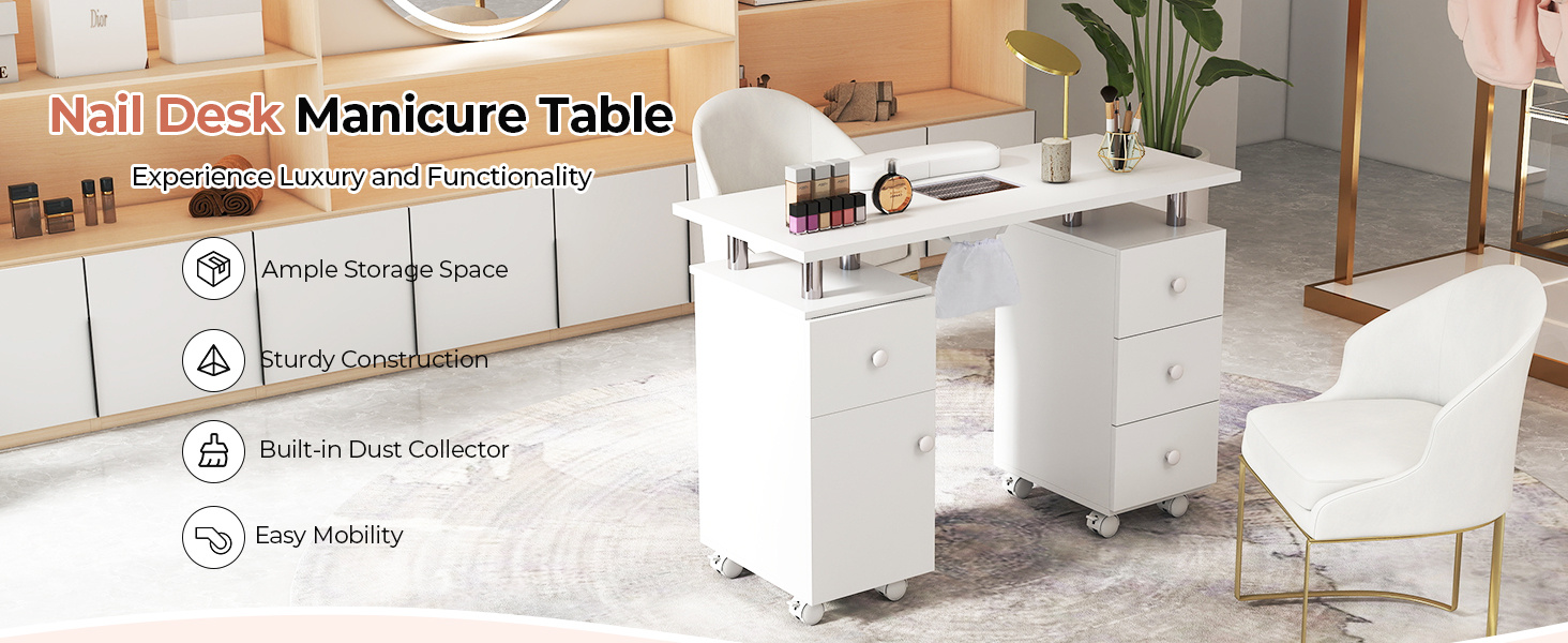 Manicure Table Nail Desk with Electric Dust Collector and 3 Dust Bags