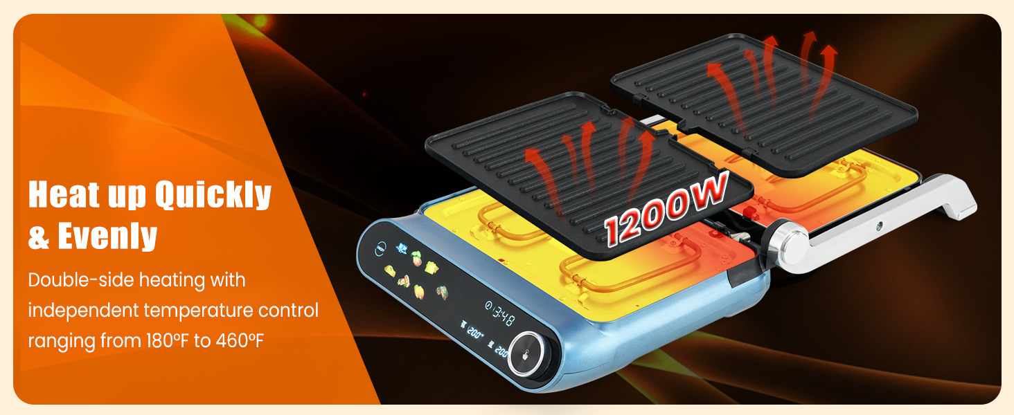 1200W Panini press grill with LED display, featuring 7 grilling modes and independent temperature control for versatile.