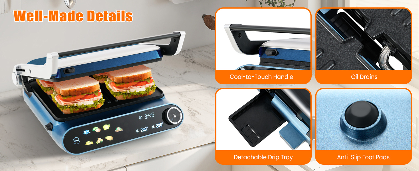 Panini press grill with LED display, cool-to-touch handle, and removable drip tray for versatile cooking options.