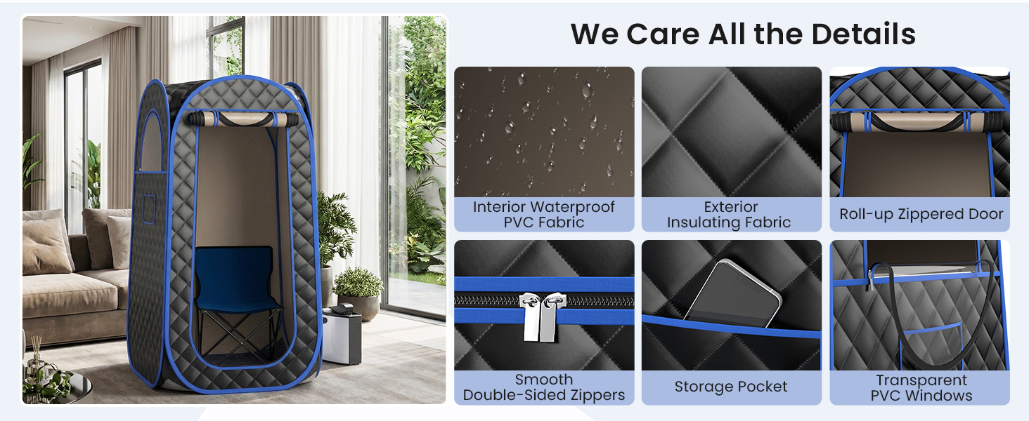 Full-body personal sauna tent with waterproof fabric, roll-up door, and zippered windows for home spa relaxation.